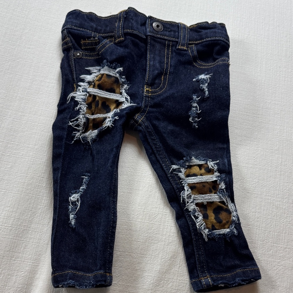 OshKosh B'gosh Dark Blue‎ Distressed Jeans with Leopard Accents